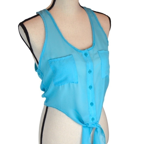 WET SEAL Ocean Blue‎ Racerback Tie Front Sheer Button Fromt Blouse, Small NEW - Picture 2 of 6